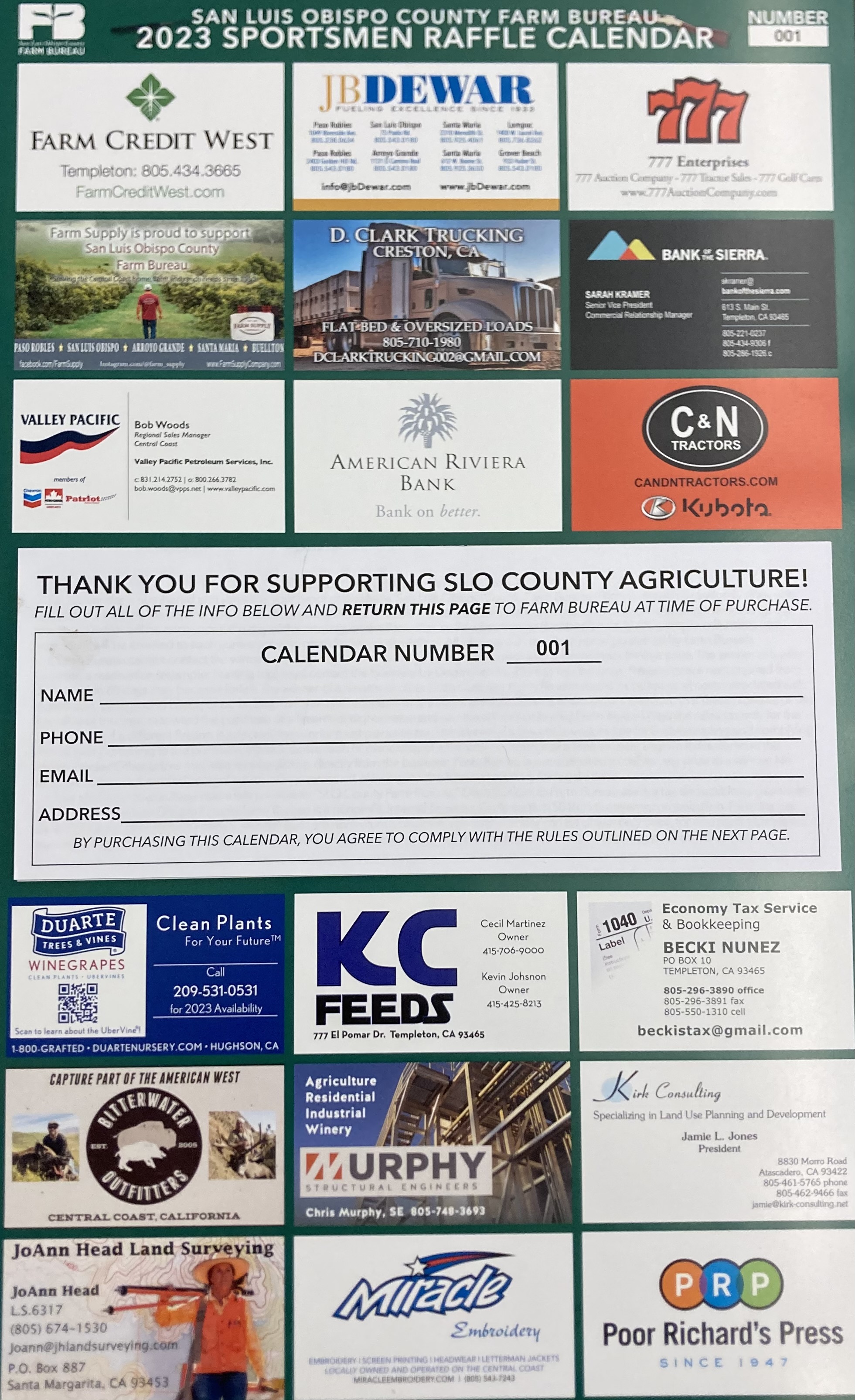 San Luis Obispo County Farm Bureau 2023 Sportsmen Raffle Calendar