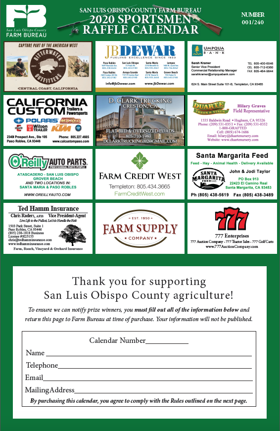 San Luis Obispo County Farm Bureau - 2020 Sportsmen Raffle Calendar